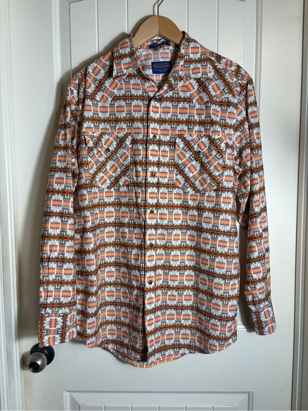 Pendleton Shirt in Cream, Red, Orange and Yellow Aztec Motif With Pearl Snaps